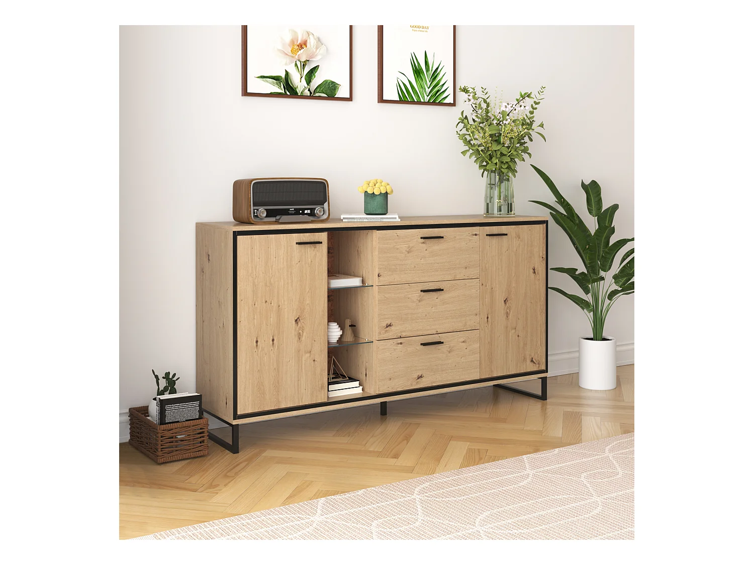 Buffet moderne à 3 tiroirs et 2 portes, noir et bois. Design élégant avec compartiments de rangement, alliant style et fonctionnalité pour un intérieur soigné