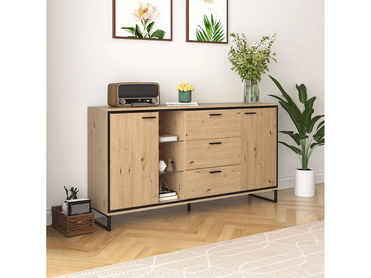 Buffet moderne à 3 tiroirs et 2 portes, noir et bois. Design élégant avec compartiments de rangement, alliant style et fonctionnalité pour un intérieur soigné