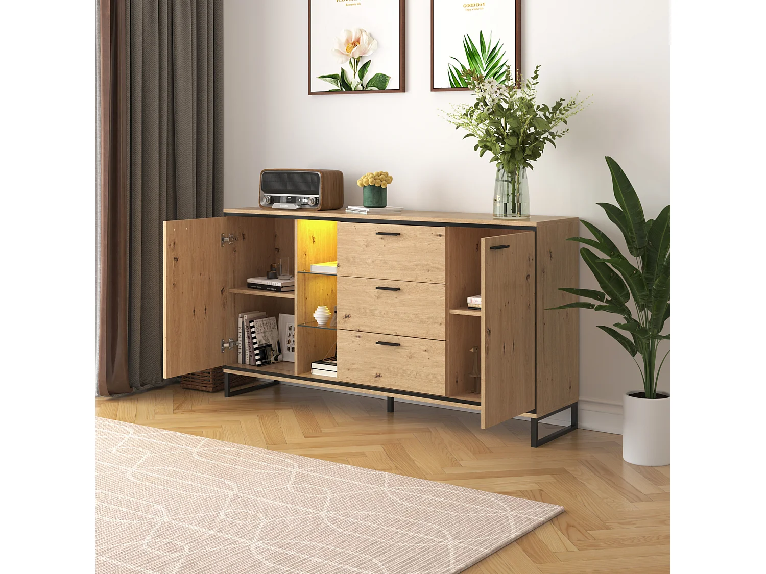 Buffet moderne à 3 tiroirs et 2 portes, noir et bois. Design élégant avec compartiments de rangement, alliant style et fonctionnalité pour un intérieur soigné