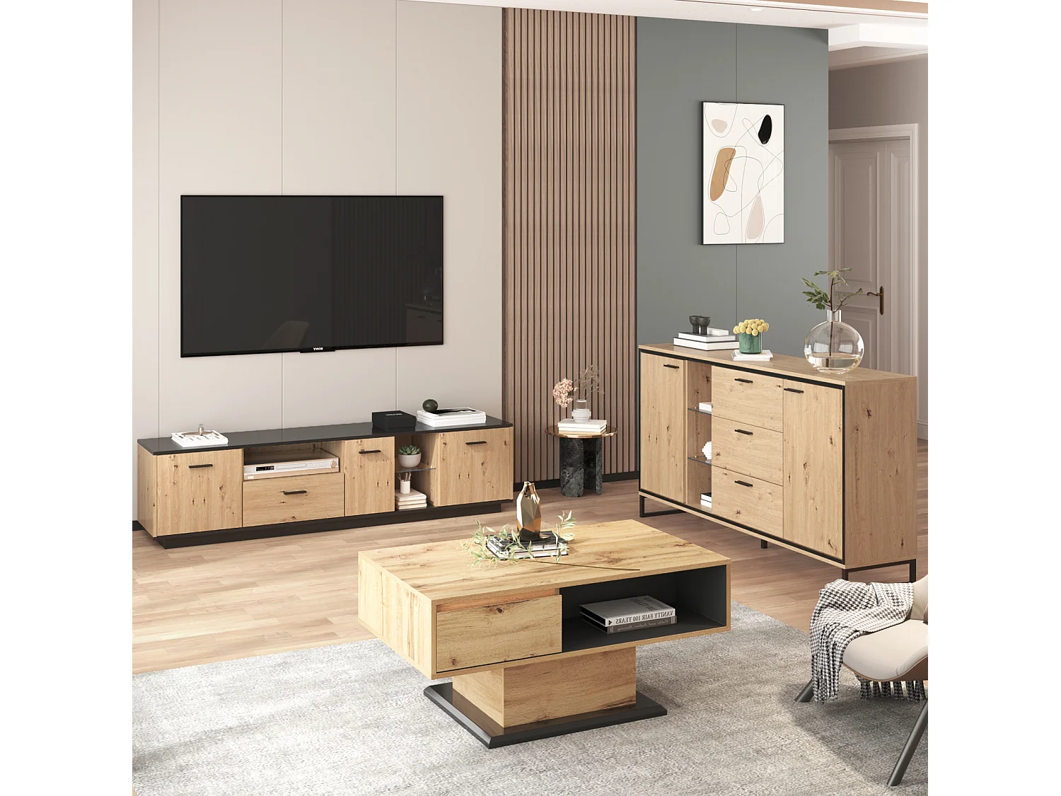 Buffet moderne à 3 tiroirs et 2 portes, noir et bois. Design élégant avec compartiments de rangement, alliant style et fonctionnalité pour un intérieur soigné