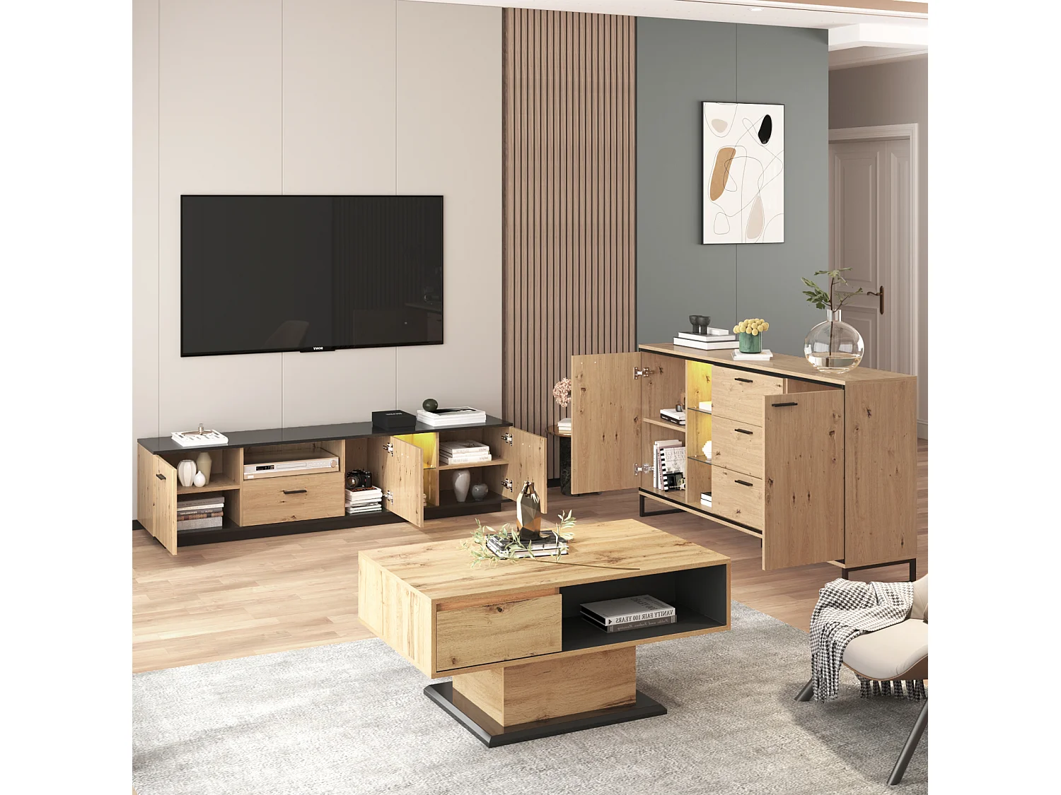 Buffet moderne à 3 tiroirs et 2 portes, noir et bois. Design élégant avec compartiments de rangement, alliant style et fonctionnalité pour un intérieur soigné