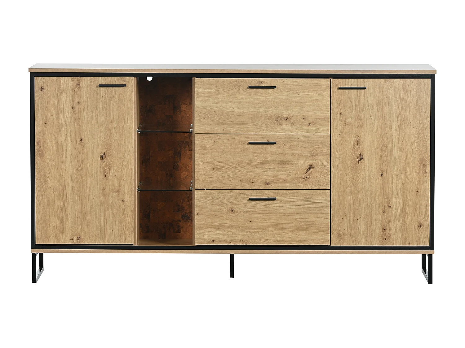 Buffet moderne à 3 tiroirs et 2 portes, noir et bois. Design élégant avec compartiments de rangement, alliant style et fonctionnalité pour un intérieur soigné