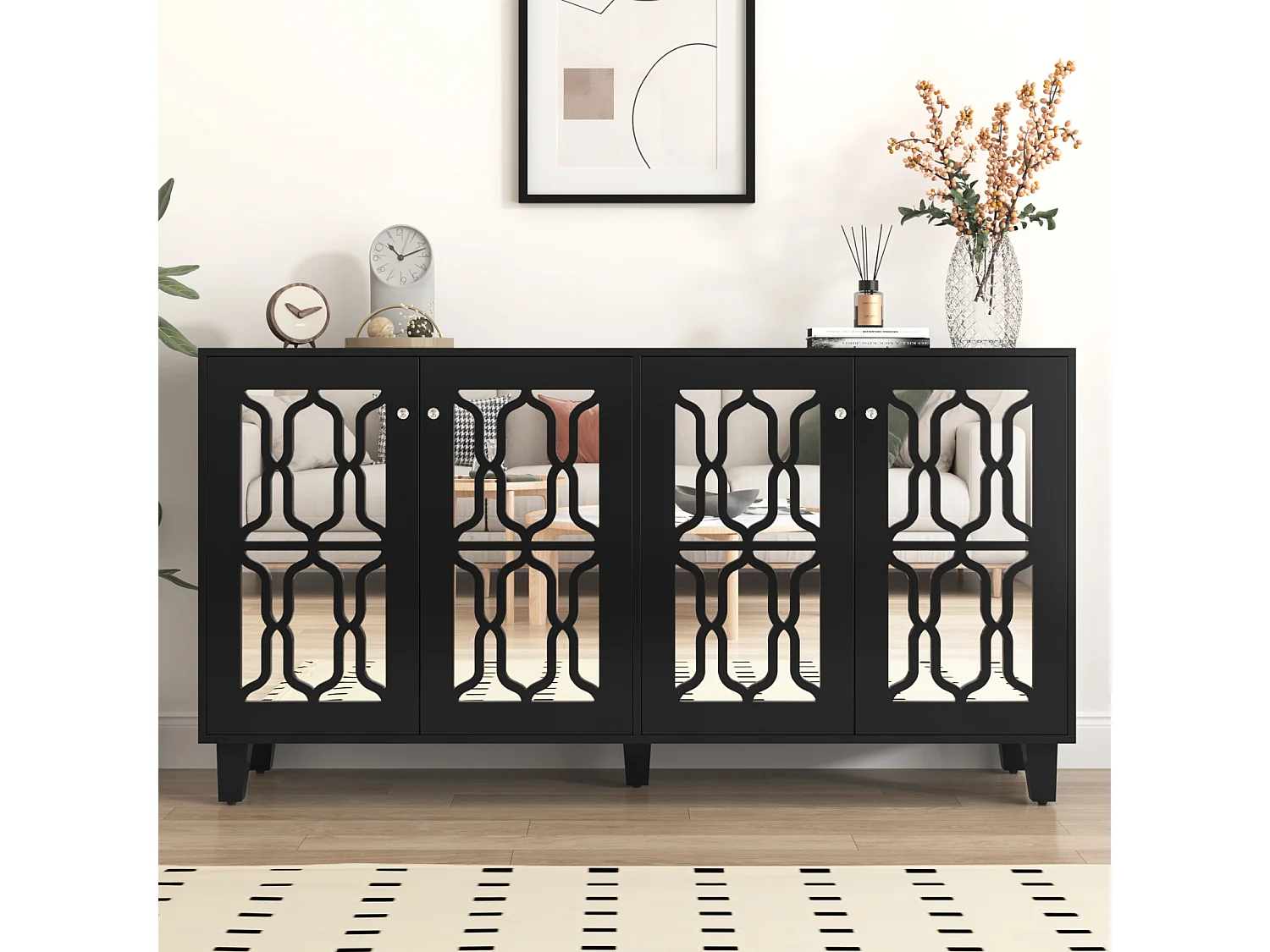 Aparador 160x40x81cm, con 4 puertas de espejo, laminado movible, tiradores de cristal frío, para salón y comedor, color negro