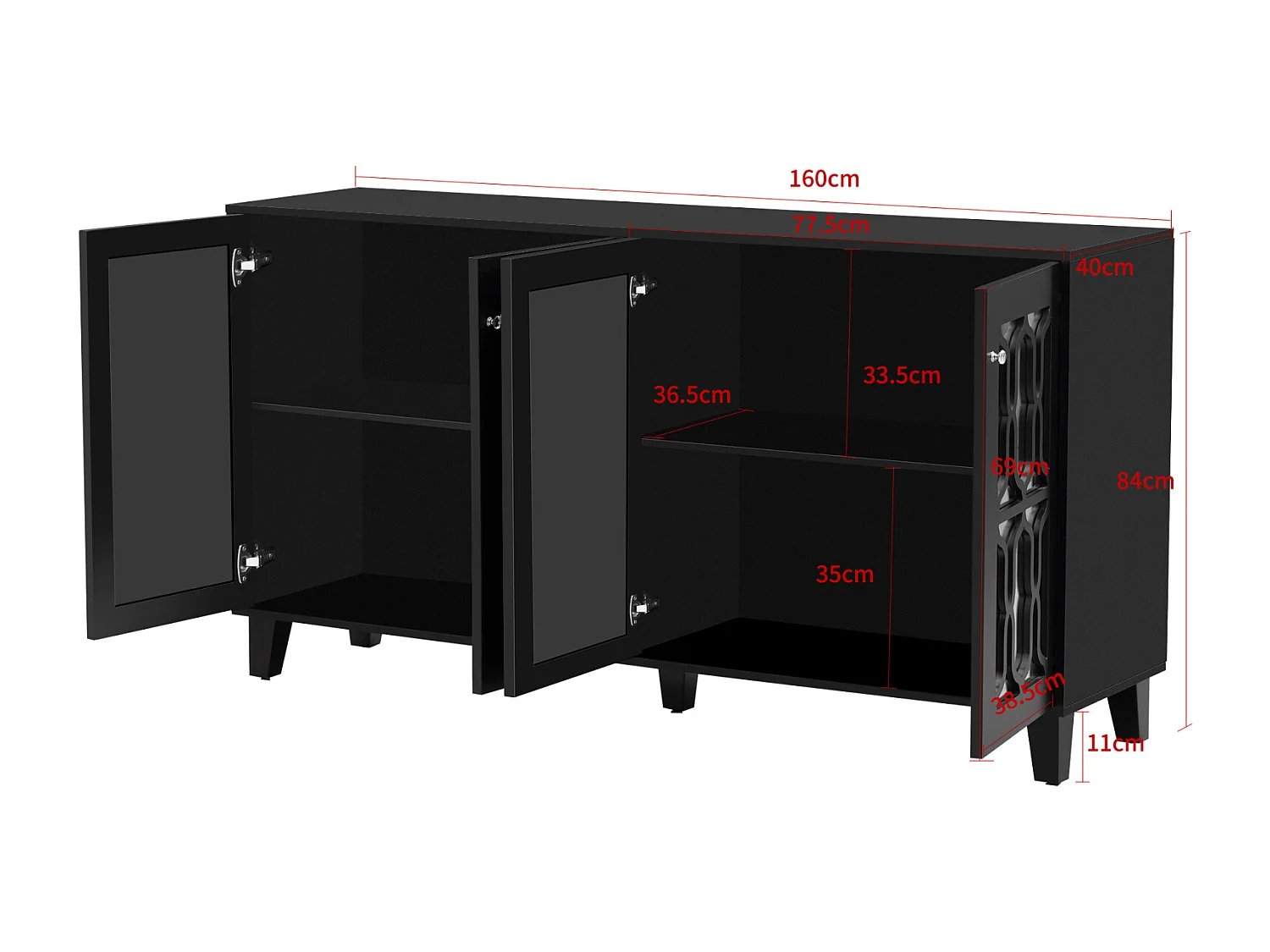 Credenza 160x40x81cm, con 4 ante a specchio, laminato mobile, maniglie in cristallo freddo, per soggiorno e sala da pranzo, nero