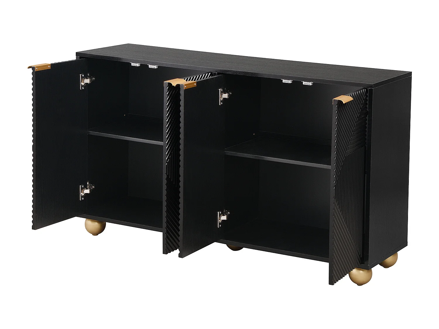 Credenza a quattro ante con ripiani interni regolabili, maniglie in metallo e piedini a sfera, nera