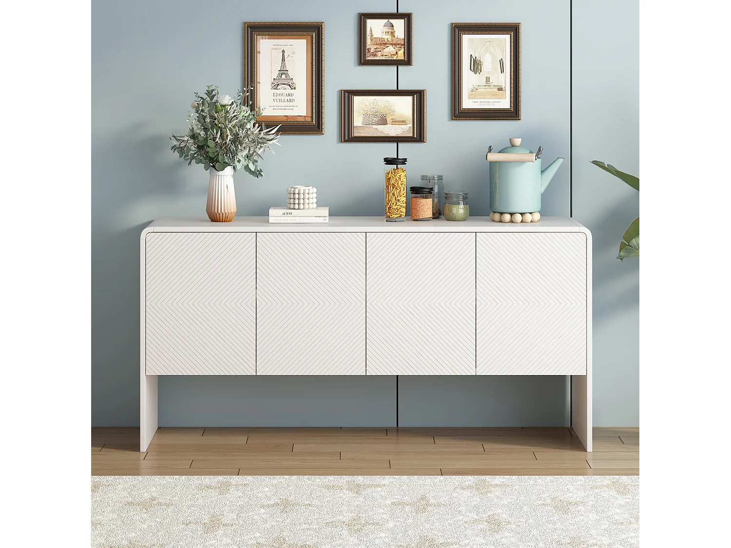 4-deurs dressoir met terugrolbeveiliging voor woonkamer en entree, 152,5x40x76,5cm, wit