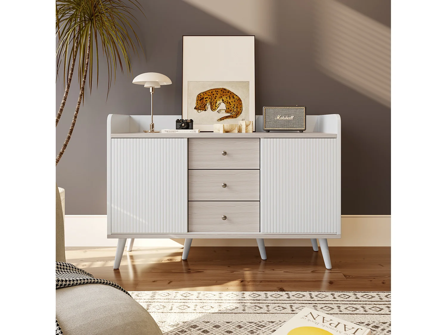Buffet 3 tiroirs 2 portes avec étagères de rangement pour chambre - Buffet veinage exquis - Blanc et bois