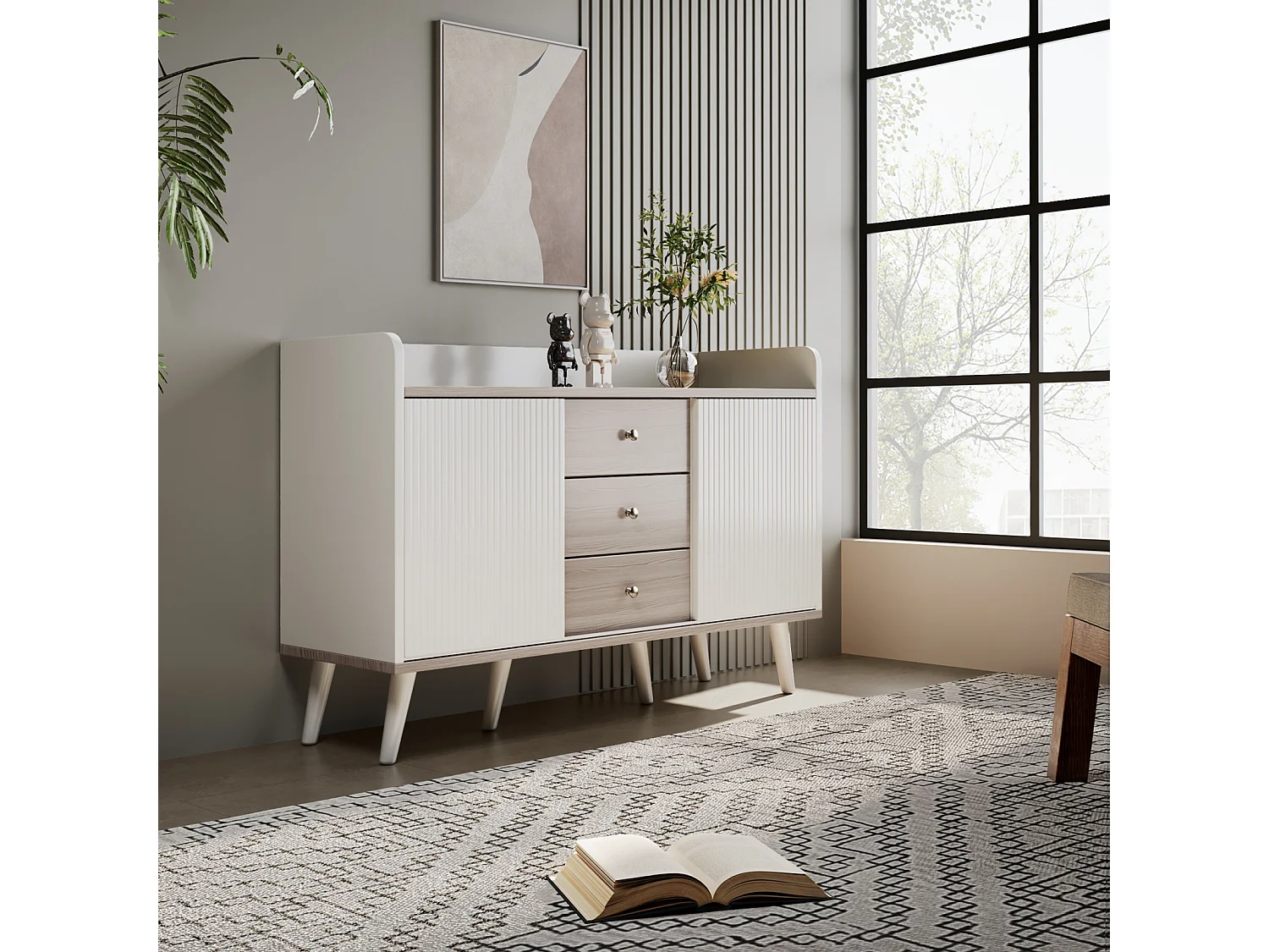 Buffet 3 tiroirs 2 portes avec étagères de rangement pour chambre - Buffet veinage exquis - Blanc et bois