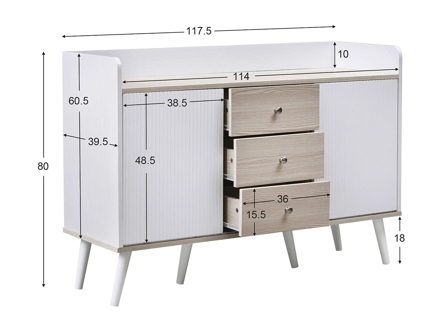 Buffet 3 tiroirs 2 portes avec étagères de rangement pour chambre - Buffet veinage exquis - Blanc et bois