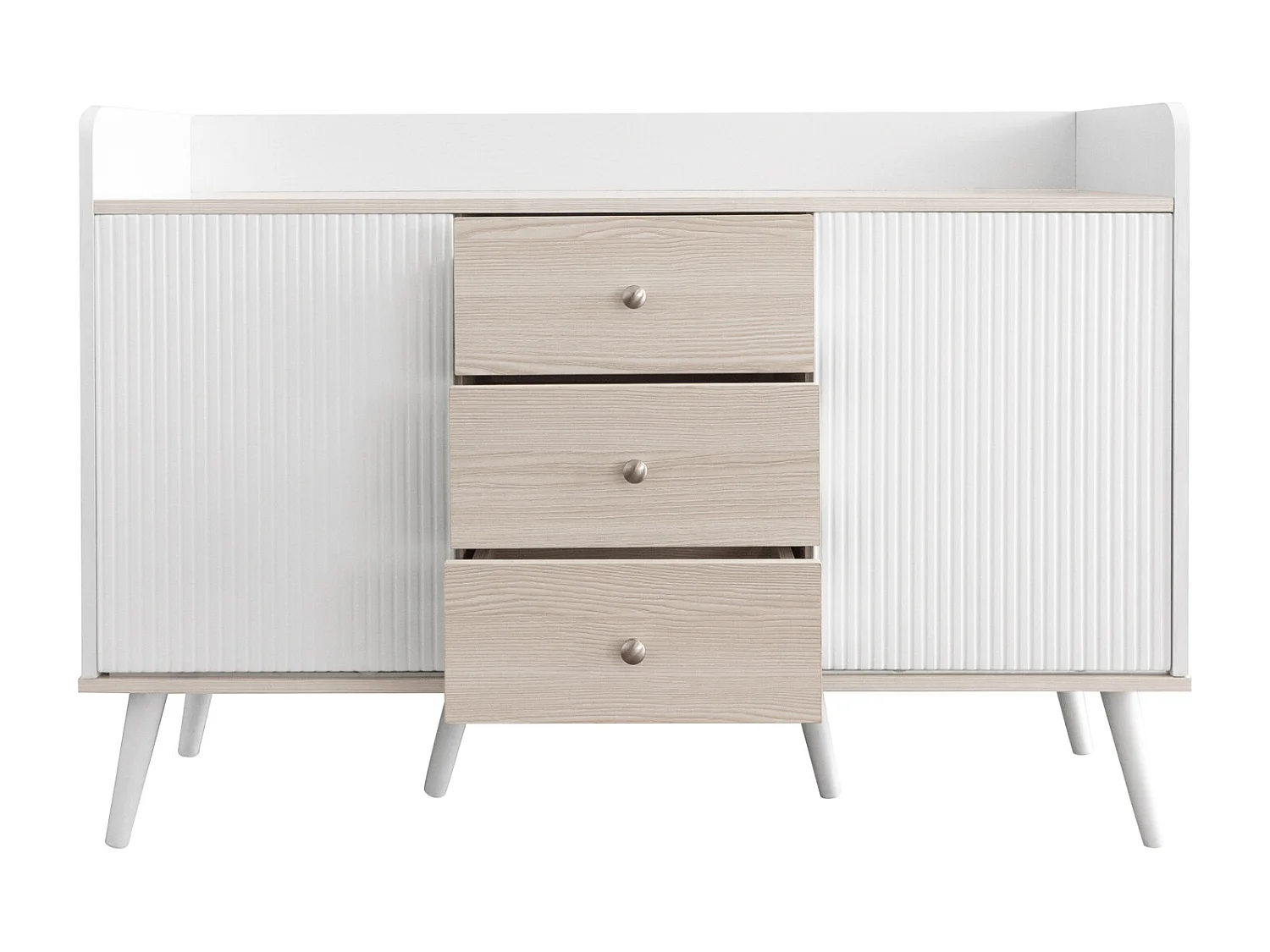Buffet 3 tiroirs 2 portes avec étagères de rangement pour chambre - Buffet veinage exquis - Blanc et bois