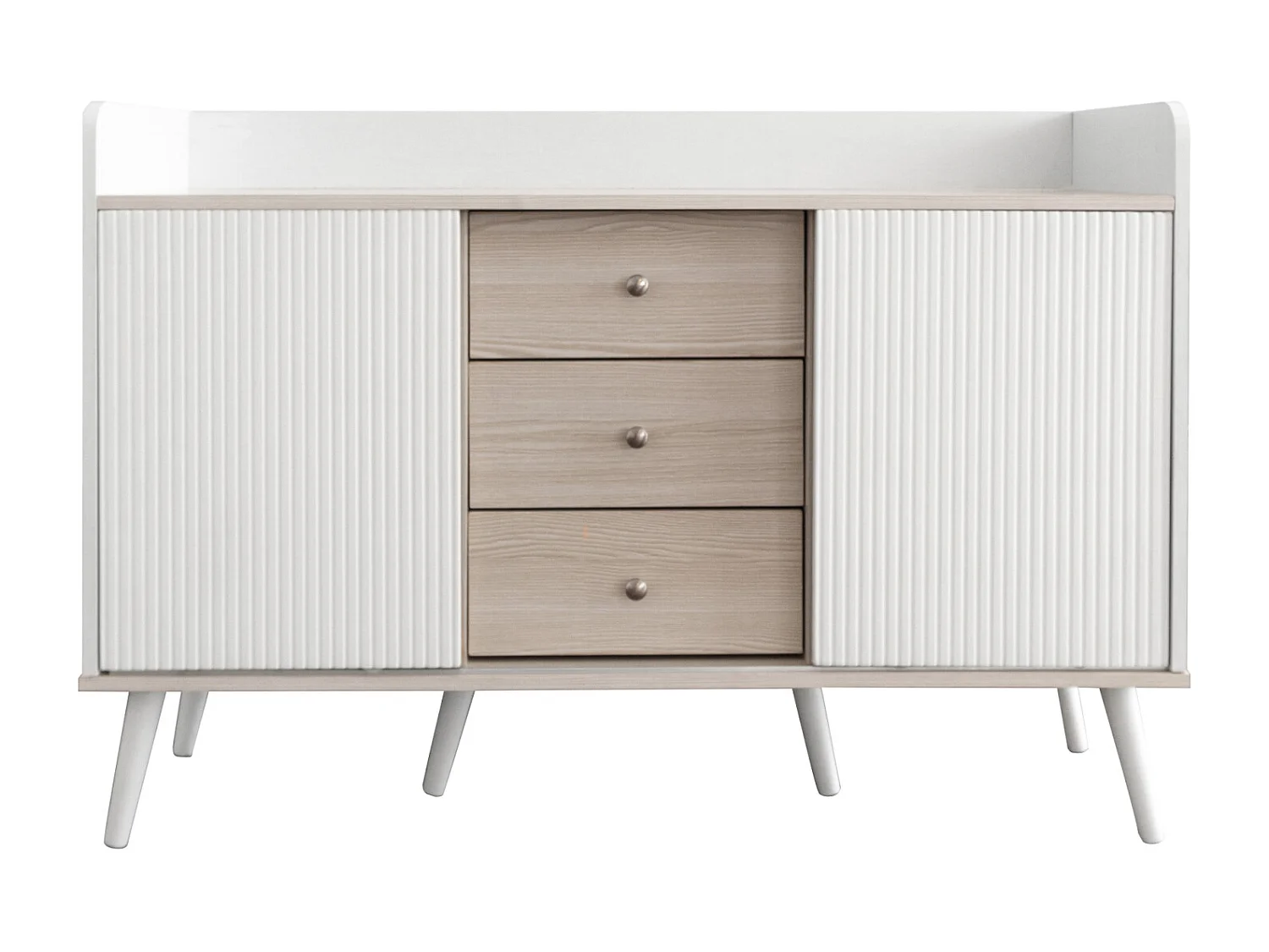 Buffet 3 tiroirs 2 portes avec étagères de rangement pour chambre - Buffet veinage exquis - Blanc et bois