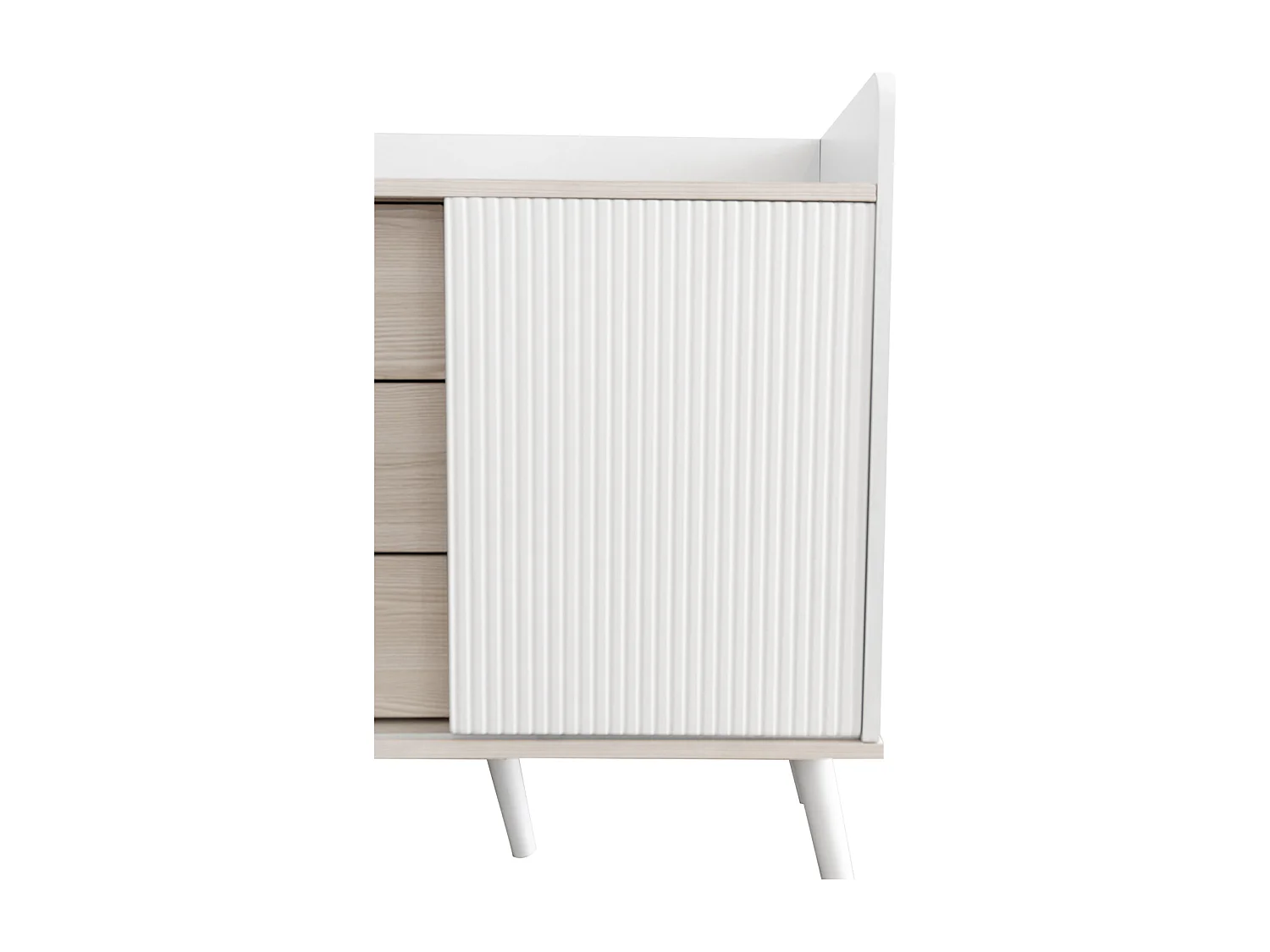 Buffet 3 tiroirs 2 portes avec étagères de rangement pour chambre - Buffet veinage exquis - Blanc et bois
