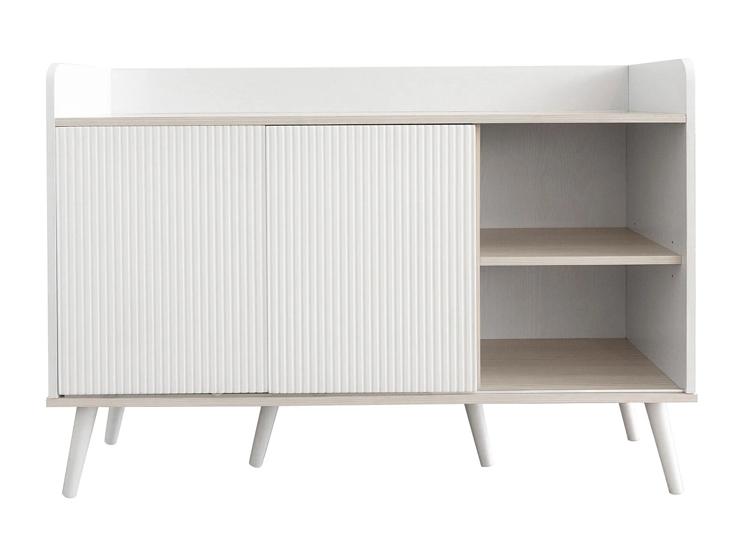 Buffet 3 tiroirs 2 portes avec étagères de rangement pour chambre - Buffet veinage exquis - Blanc et bois