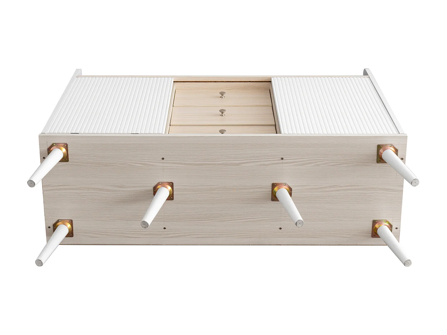 Buffet 3 tiroirs 2 portes avec étagères de rangement pour chambre - Buffet veinage exquis - Blanc et bois