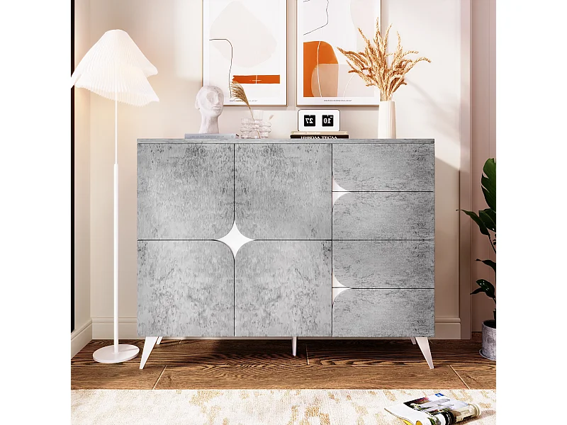 Buffet 120x35.5x94cm - armoire avec 2 portes et 4 tiroirs - avec forme de panneau spéciale, couleurs mélangées - Gris