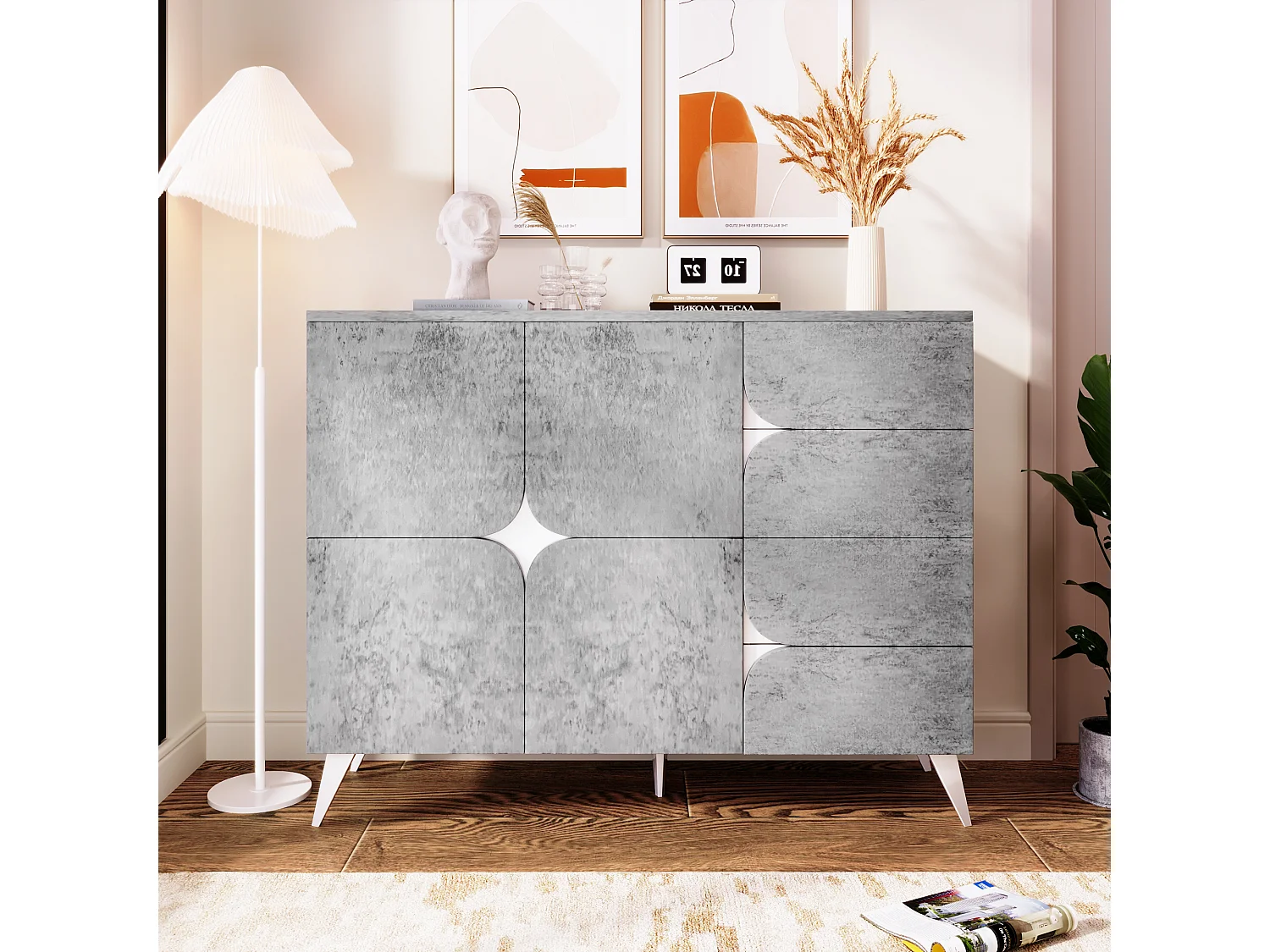 Buffet 120x35.5x94cm - armoire avec 2 portes et 4 tiroirs - avec forme de panneau spéciale, couleurs mélangées - Gris