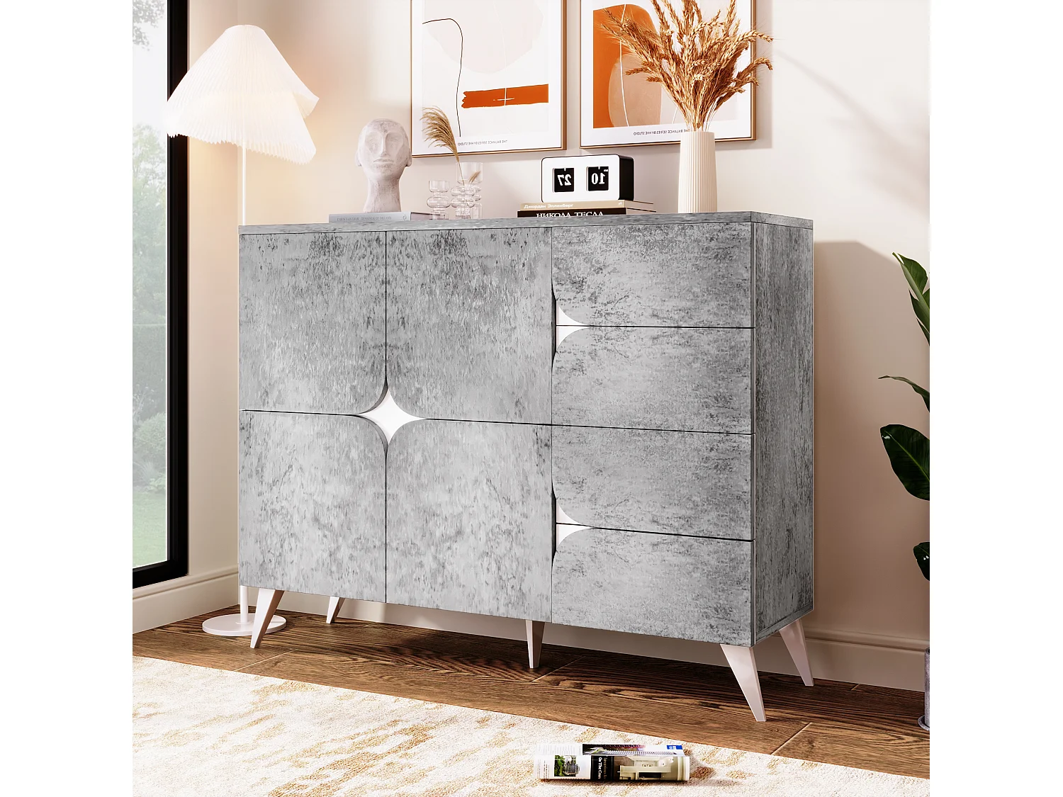 Buffet 120x35.5x94cm - armoire avec 2 portes et 4 tiroirs - avec forme de panneau spéciale, couleurs mélangées - Gris