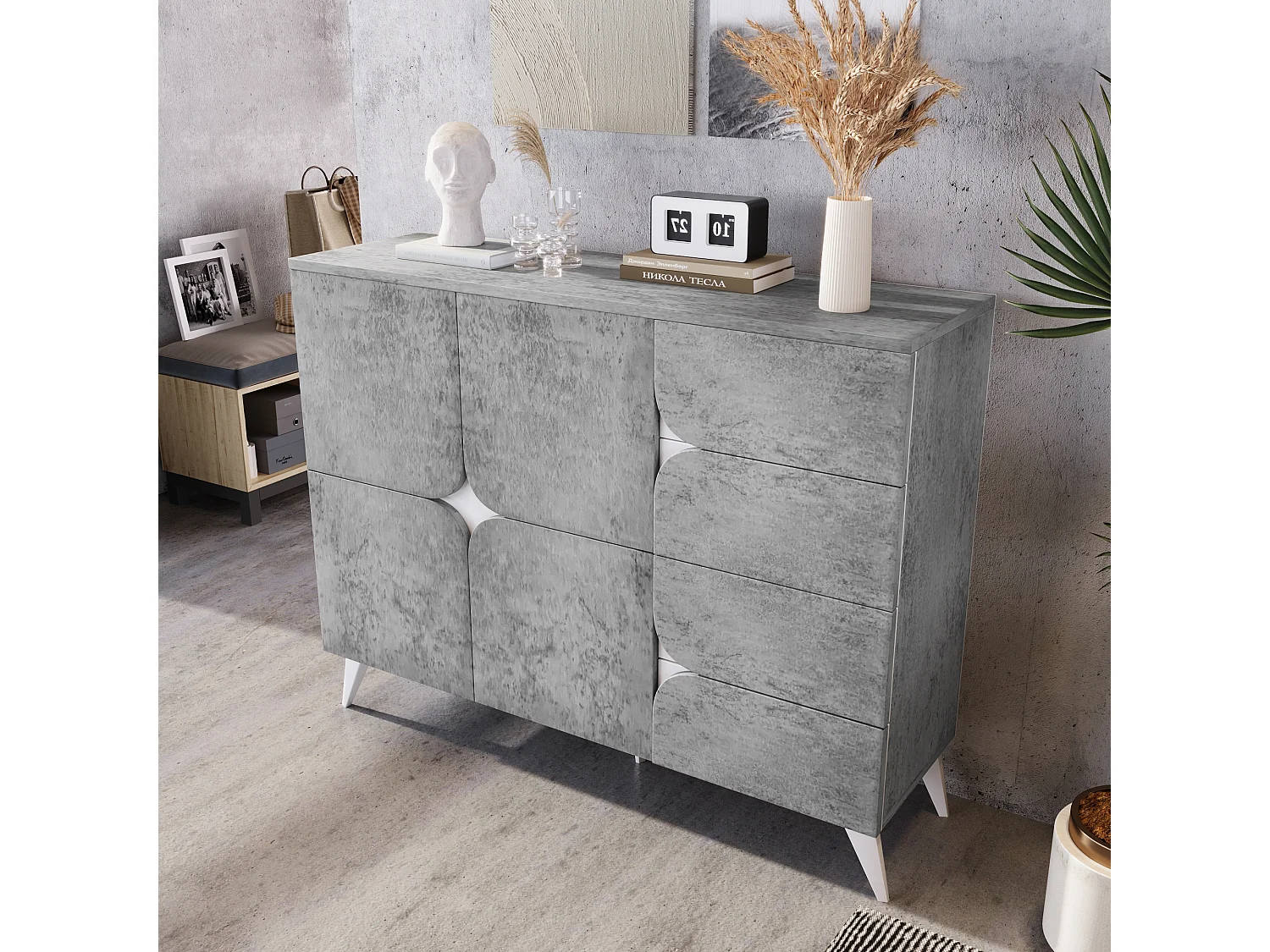 Buffet 120x35.5x94cm - armoire avec 2 portes et 4 tiroirs - avec forme de panneau spéciale, couleurs mélangées - Gris