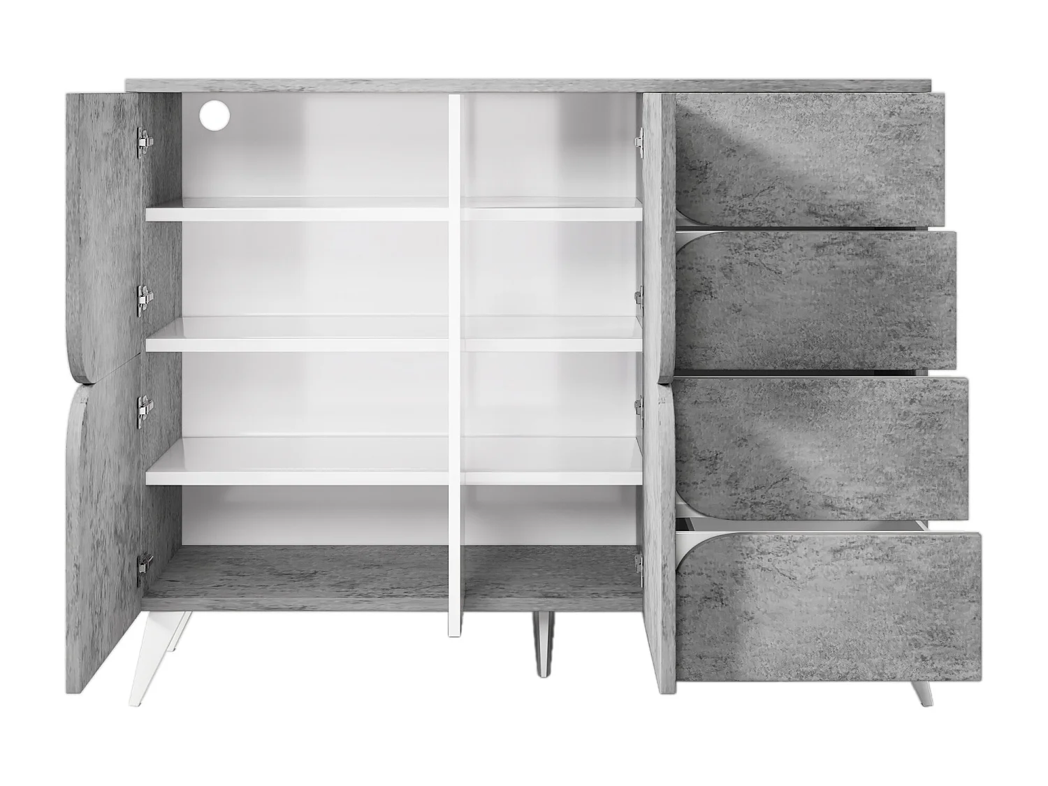 Buffet 120x35.5x94cm - armoire avec 2 portes et 4 tiroirs - avec forme de panneau spéciale, couleurs mélangées - Gris