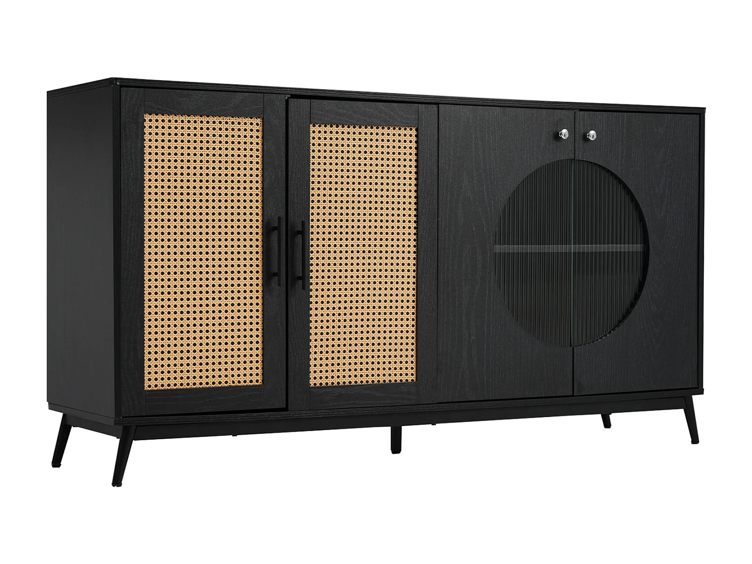 Buffet 160x40x80cm, avec 3 portes en verre en rotin, 2 portes demi-ronde, haute qualité, noir