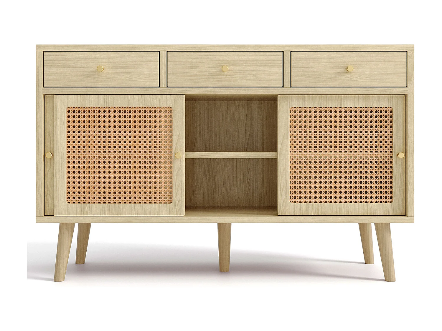 Buffet en rotin 120x40x78cm, avec 3 tiroirs et 3 portes coulissantes, pieds en bois massif, poignée en métal doré, étagères réglables