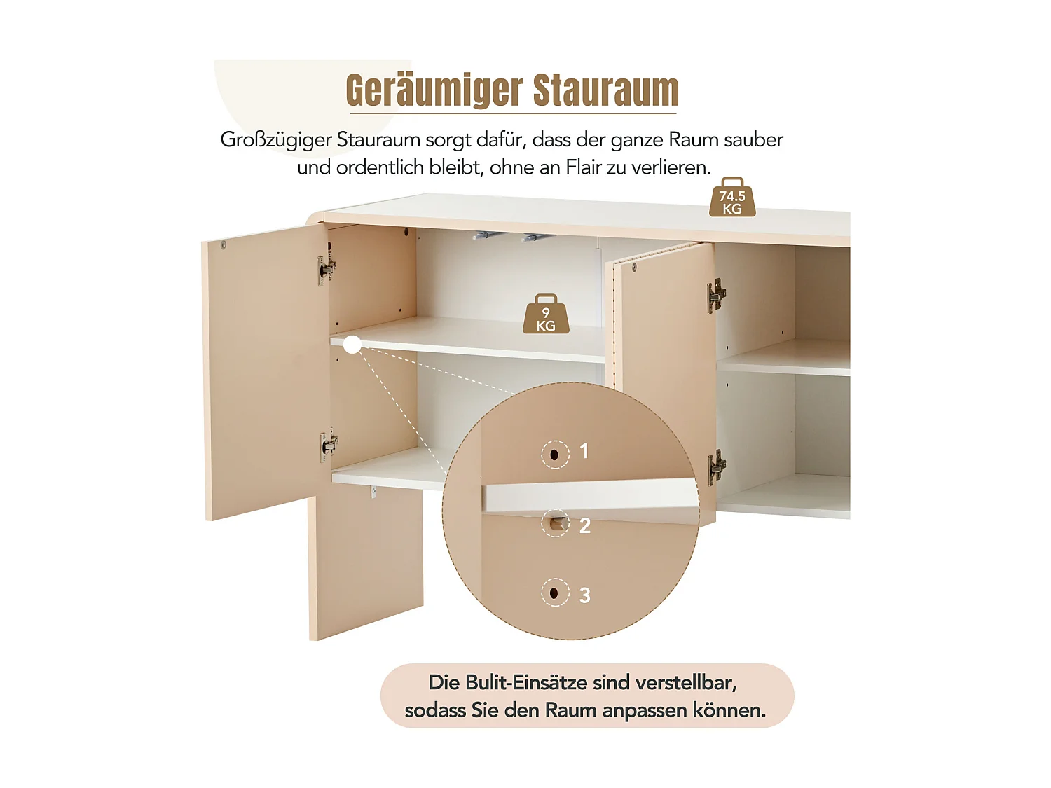 4-deurs dressoir met terugslagbeveiliging voor woonkamer en entree, 152,5x40x76,5cm, abrikoos crème