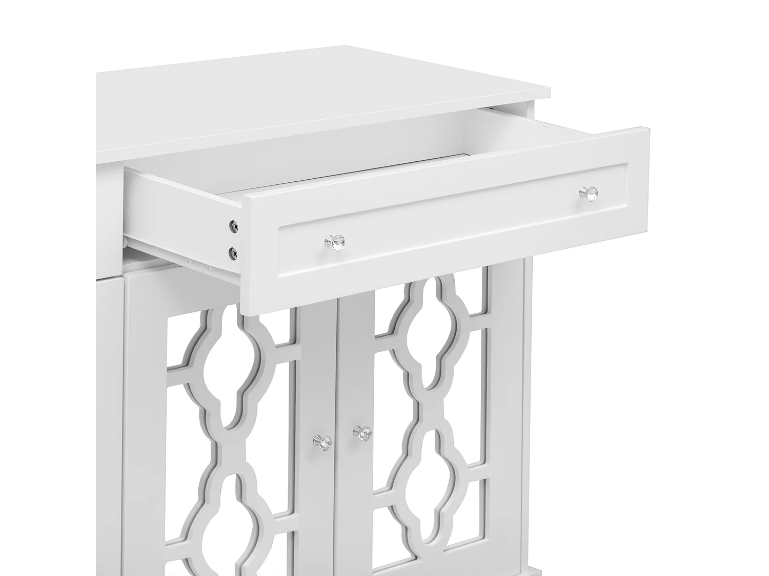 Buffet 140x40x83cm - avec 4 portes miroir et 2 tiroirs - étagères réglables et poignées en cristal - Blanc