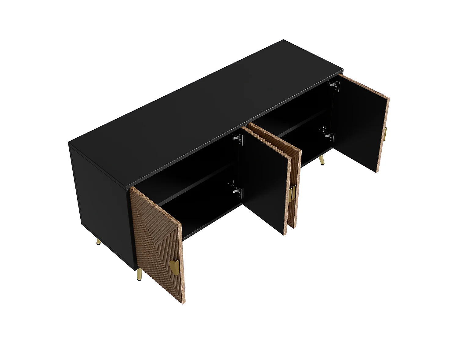 Dressoir 160x40x75cm - Kast met 4 deuren, geborstelde gouden handgrepen en glanzende tafelpoten - zwart + houtnerf