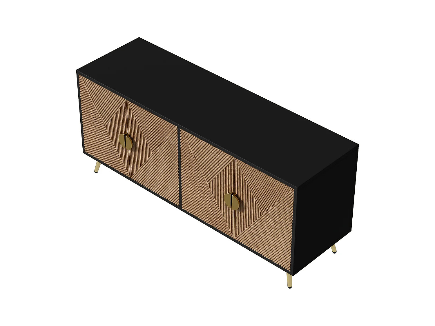 Dressoir 160x40x75cm - Kast met 4 deuren, geborstelde gouden handgrepen en glanzende tafelpoten - zwart + houtnerf