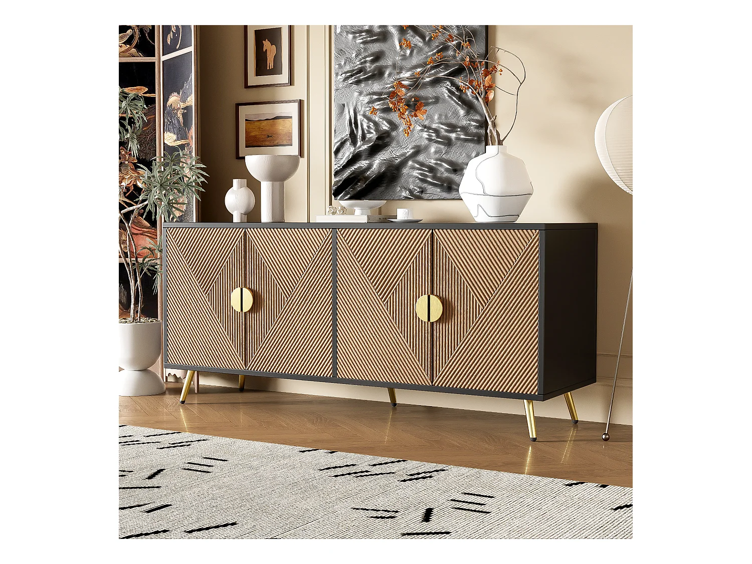 Dressoir 160x40x75cm - Kast met 4 deuren, geborstelde gouden handgrepen en glanzende tafelpoten - zwart + houtnerf