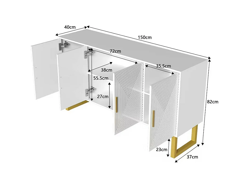 Buffet 150x40x82cm - Armoire avec 4 portes texturées brillantes et poignées dorées, étagères réglables en hauteur - Blanc