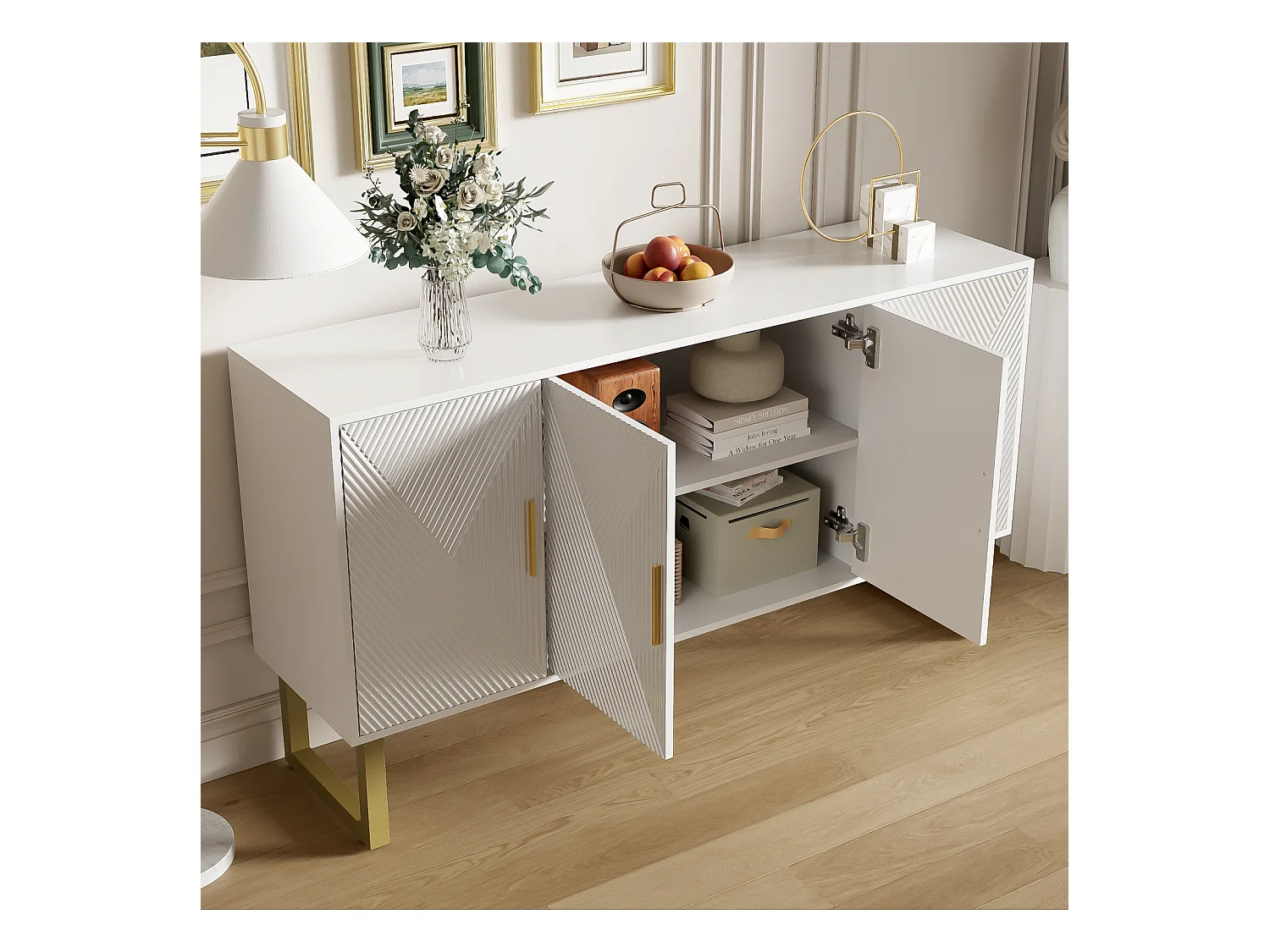 Dressoir 150x40x82cm - Kast met 4 glanzende structuurdeuren en gouden handgrepen, in hoogte verstelbare planken - Wit