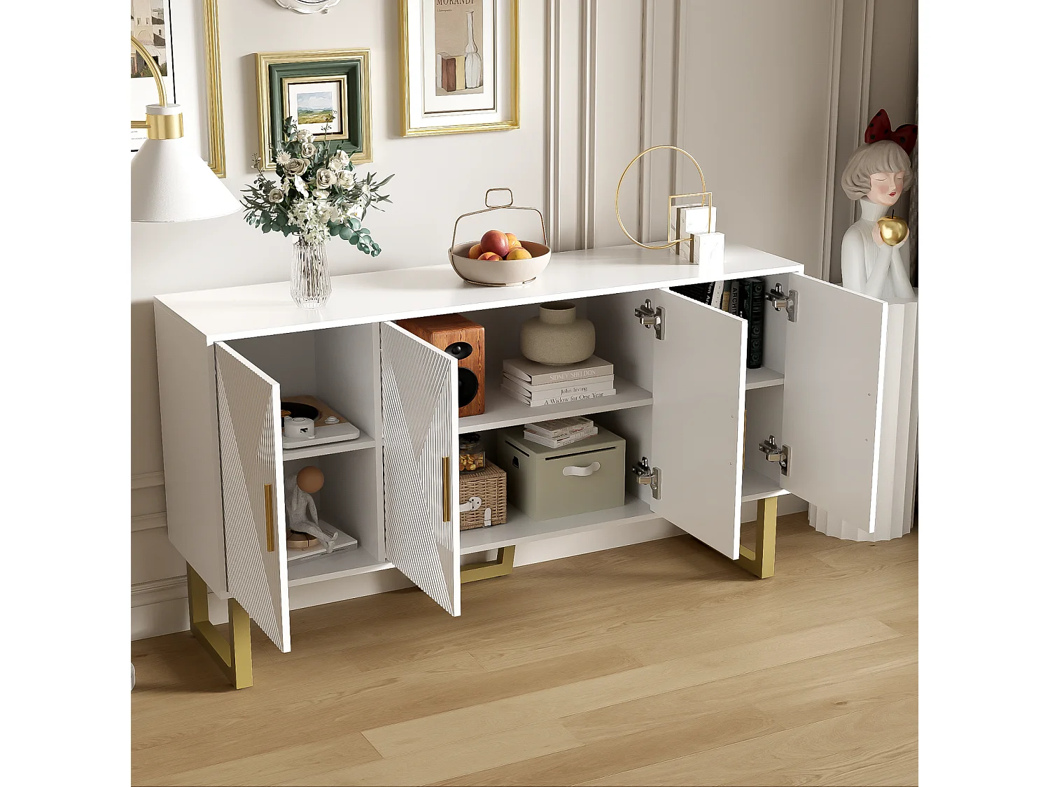 Dressoir 150x40x82cm - Kast met 4 glanzende structuurdeuren en gouden handgrepen, in hoogte verstelbare planken - Wit