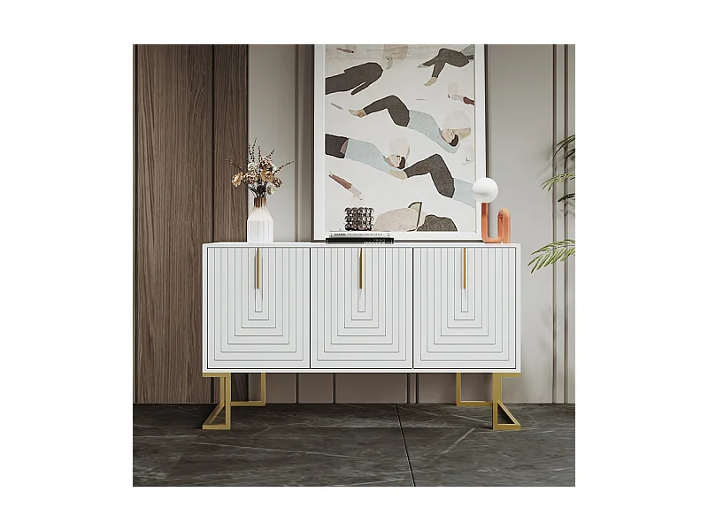 Buffet 138x40x80.5cm, armoire avec 3 portes, étagères réglables, portes en forme de U, base en métal, blanc