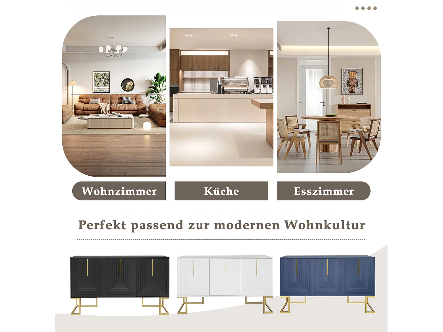 Credenza 138x40x80,5cm, mobile con 3 ante, ripiani regolabili, ante a U, base in metallo, bianco