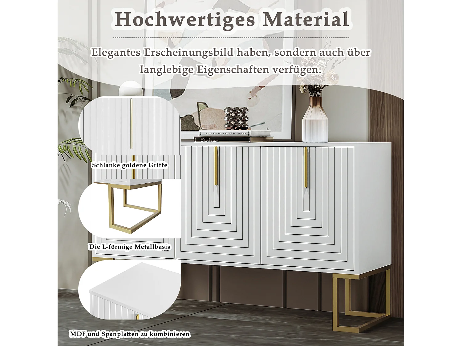 Credenza 138x40x80,5cm, mobile con 3 ante, ripiani regolabili, ante a U, base in metallo, bianco