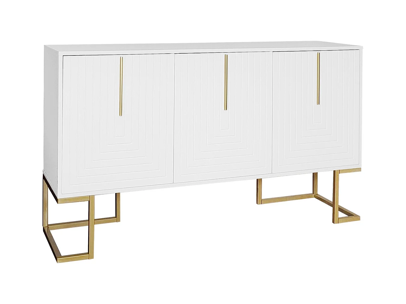 Aparador 138x40x80,5cm, mueble con 3 puertas, estantes regulables, puertas en forma de U, base de metal, color blanco