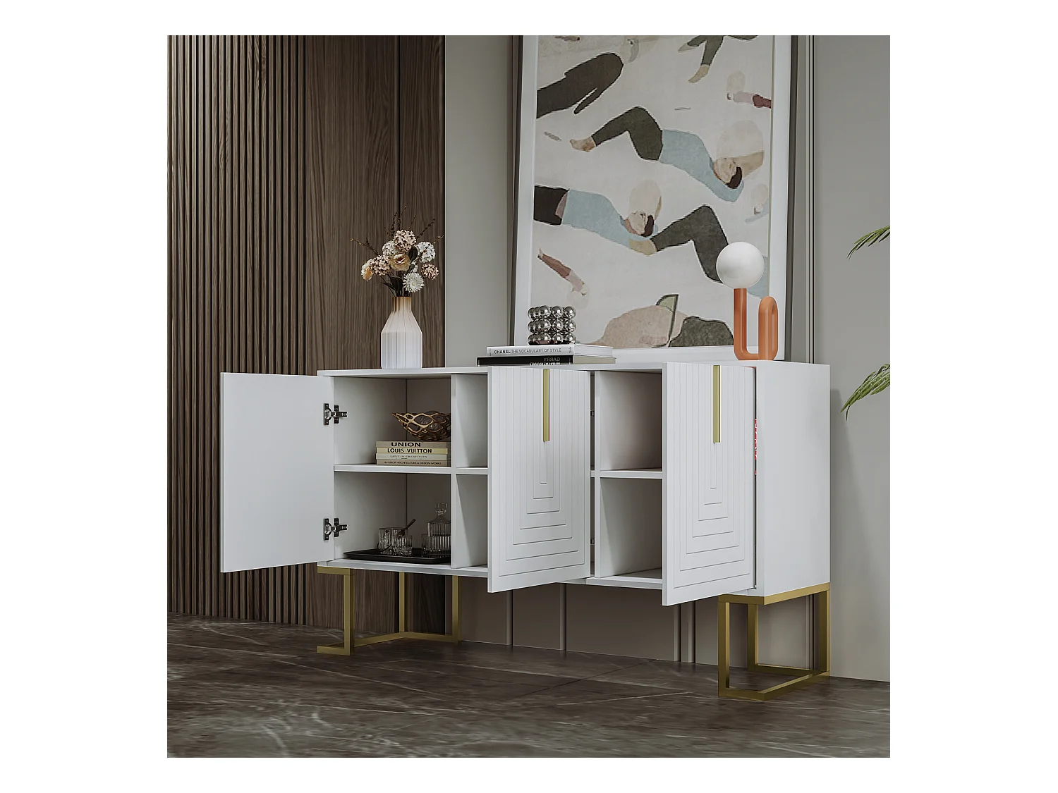 Aparador 138x40x80,5cm, mueble con 3 puertas, estantes regulables, puertas en forma de U, base de metal, color blanco