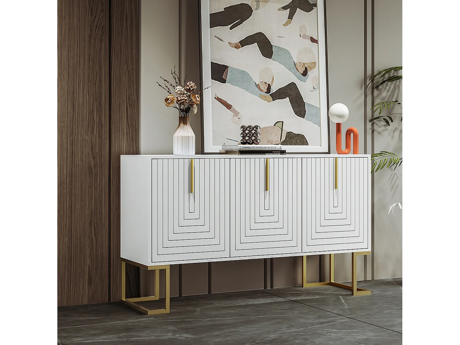 Dressoir 138x40x80,5cm, kast met 3 deuren, verstelbare planken, U-vormige deuren, metalen onderstel, wit