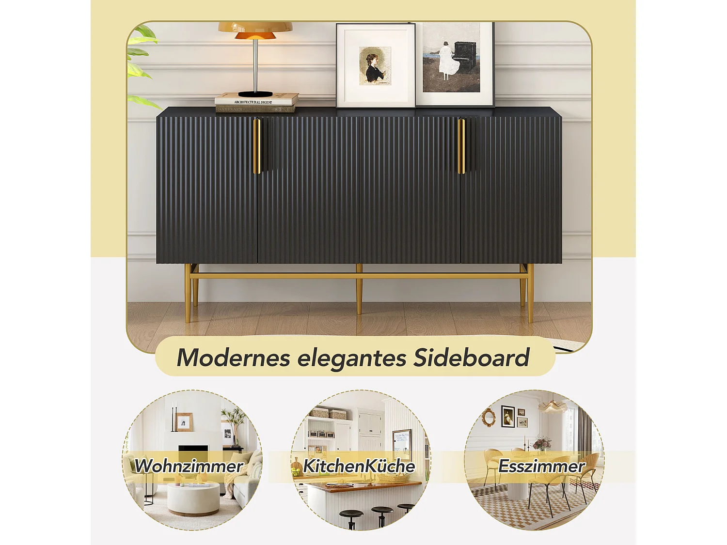 Aparador - DREAMMESPACE - 4 puertas - tirador y base de metal dorado - 152x40x80cm - Negro