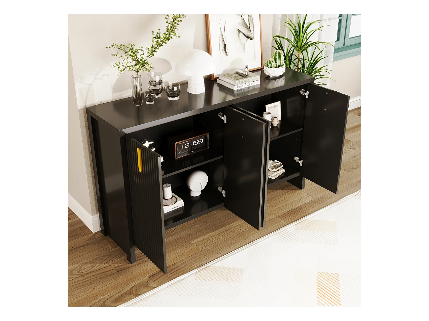 Buffet 140x80x38cm, avec 4 portes, poignées dorées et séparateurs réglables, design élégant, panneaux de particules, noir