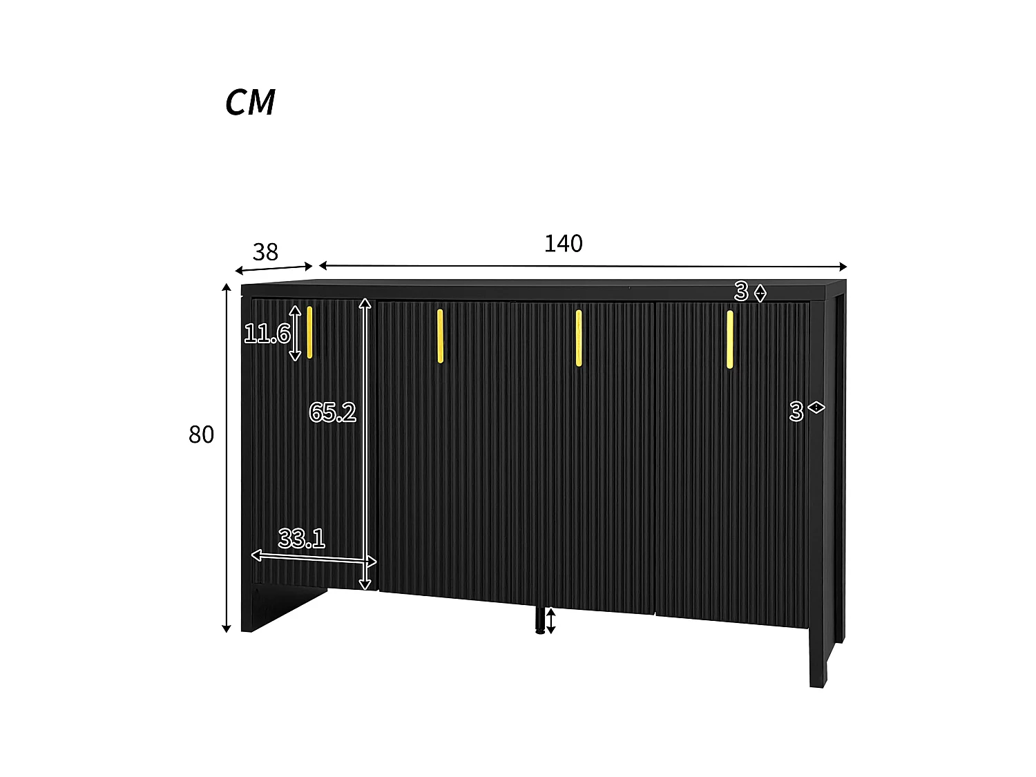 Buffet 140x80x38cm, avec 4 portes, poignées dorées et séparateurs réglables, design élégant, panneaux de particules, noir