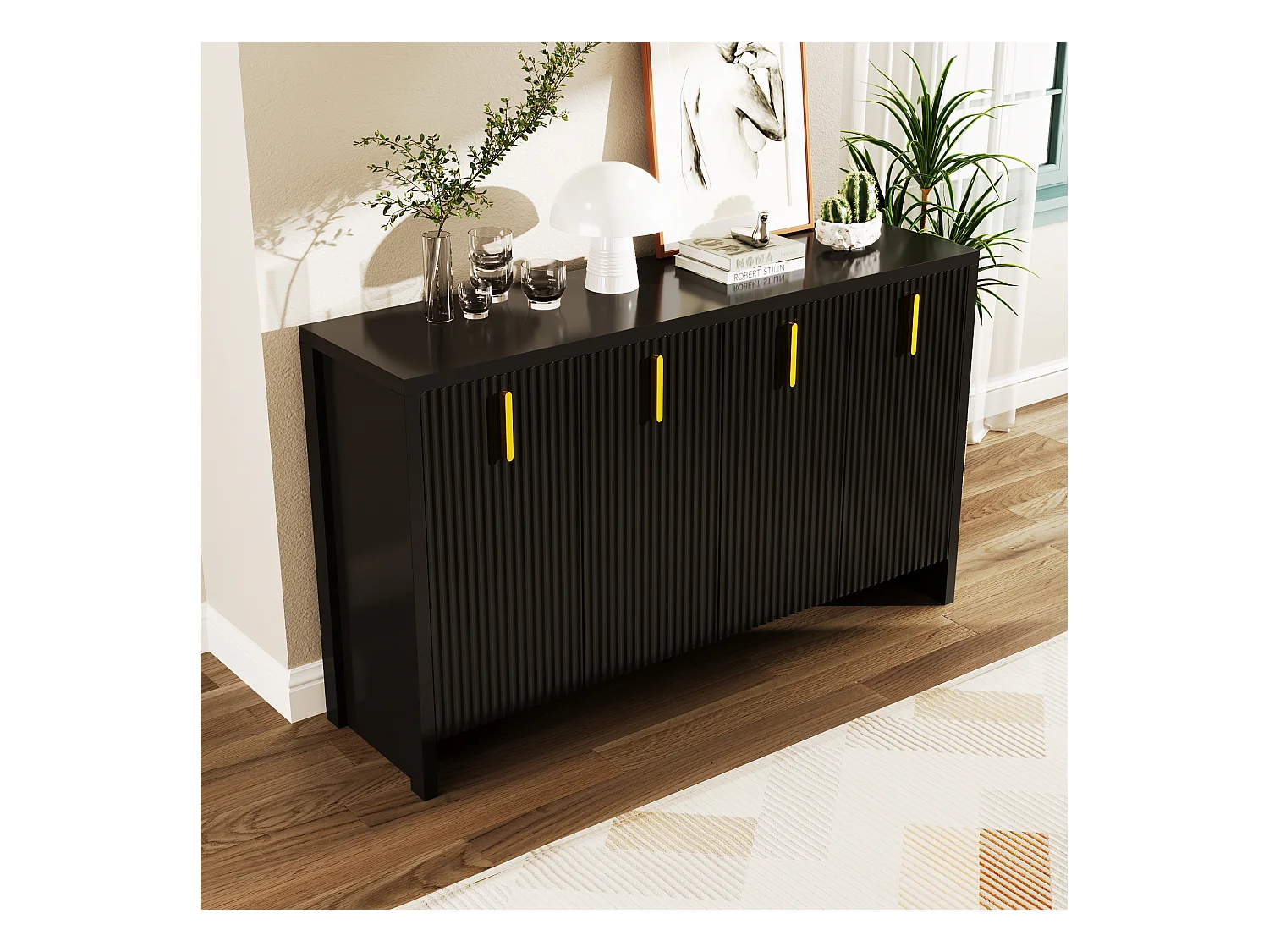 Buffet 140x80x38cm, avec 4 portes, poignées dorées et séparateurs réglables, design élégant, panneaux de particules, noir