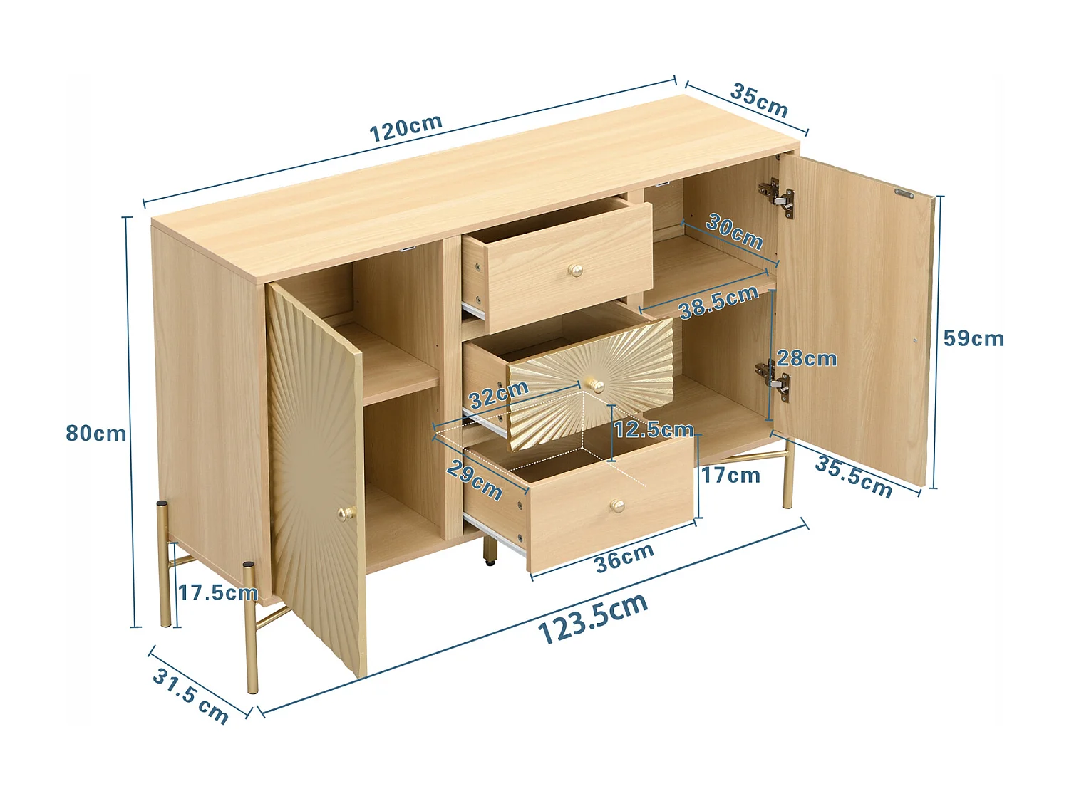 Buffet, couleur bois, longueur 123,5 cm, armoire à deux portes avec 3 tiroirs, design unique en forme de soleil