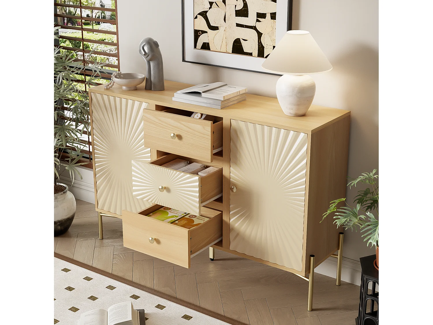 Buffet, couleur bois, longueur 123,5 cm, armoire à deux portes avec 3 tiroirs, design unique en forme de soleil