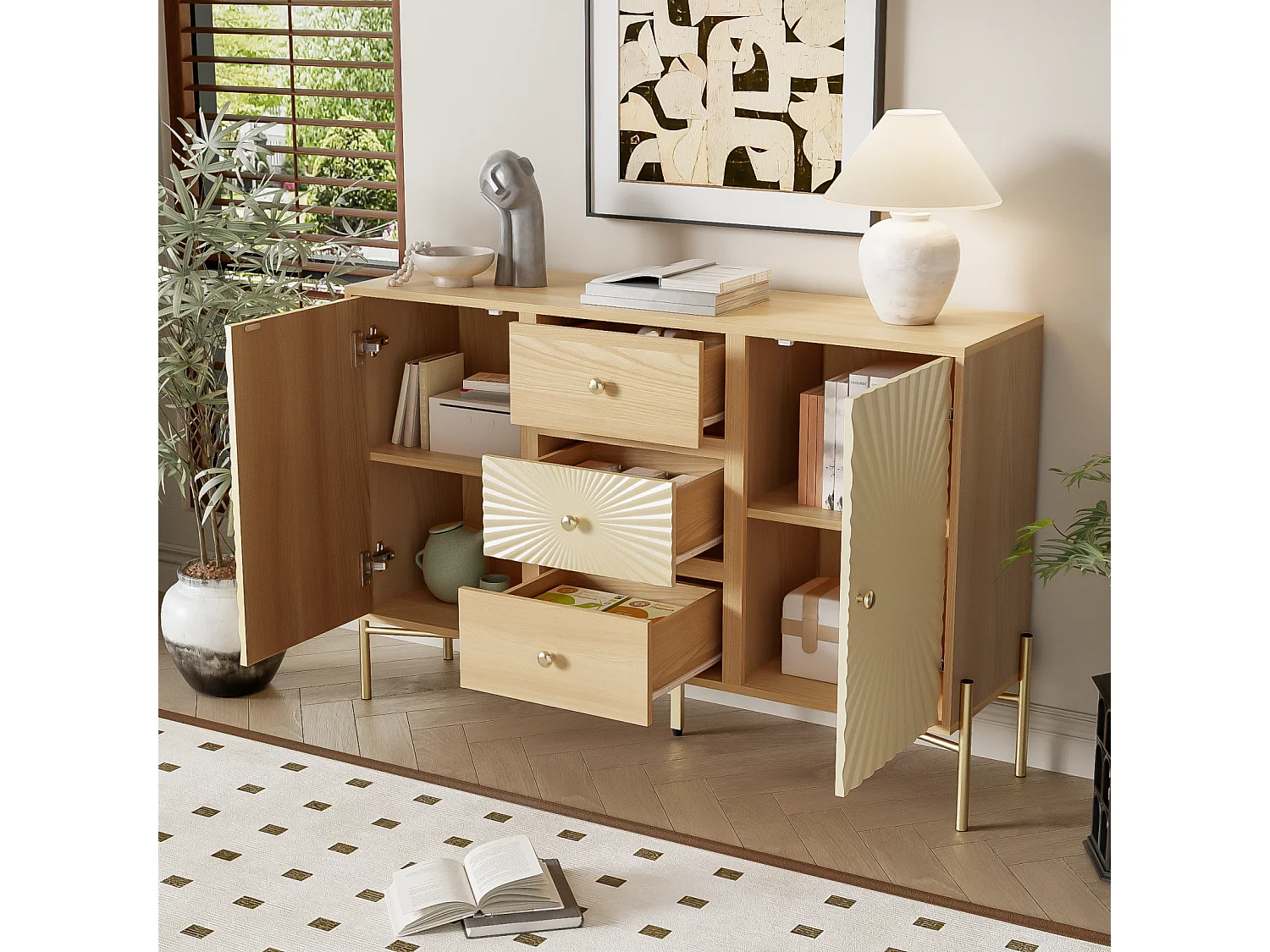 Buffet, couleur bois, longueur 123,5 cm, armoire à deux portes avec 3 tiroirs, design unique en forme de soleil