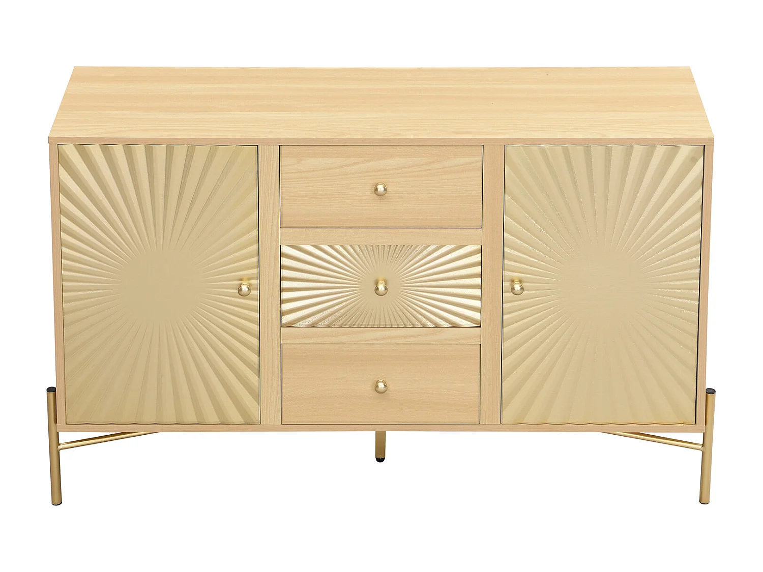 Buffet, couleur bois, longueur 123,5 cm, armoire à deux portes avec 3 tiroirs, design unique en forme de soleil