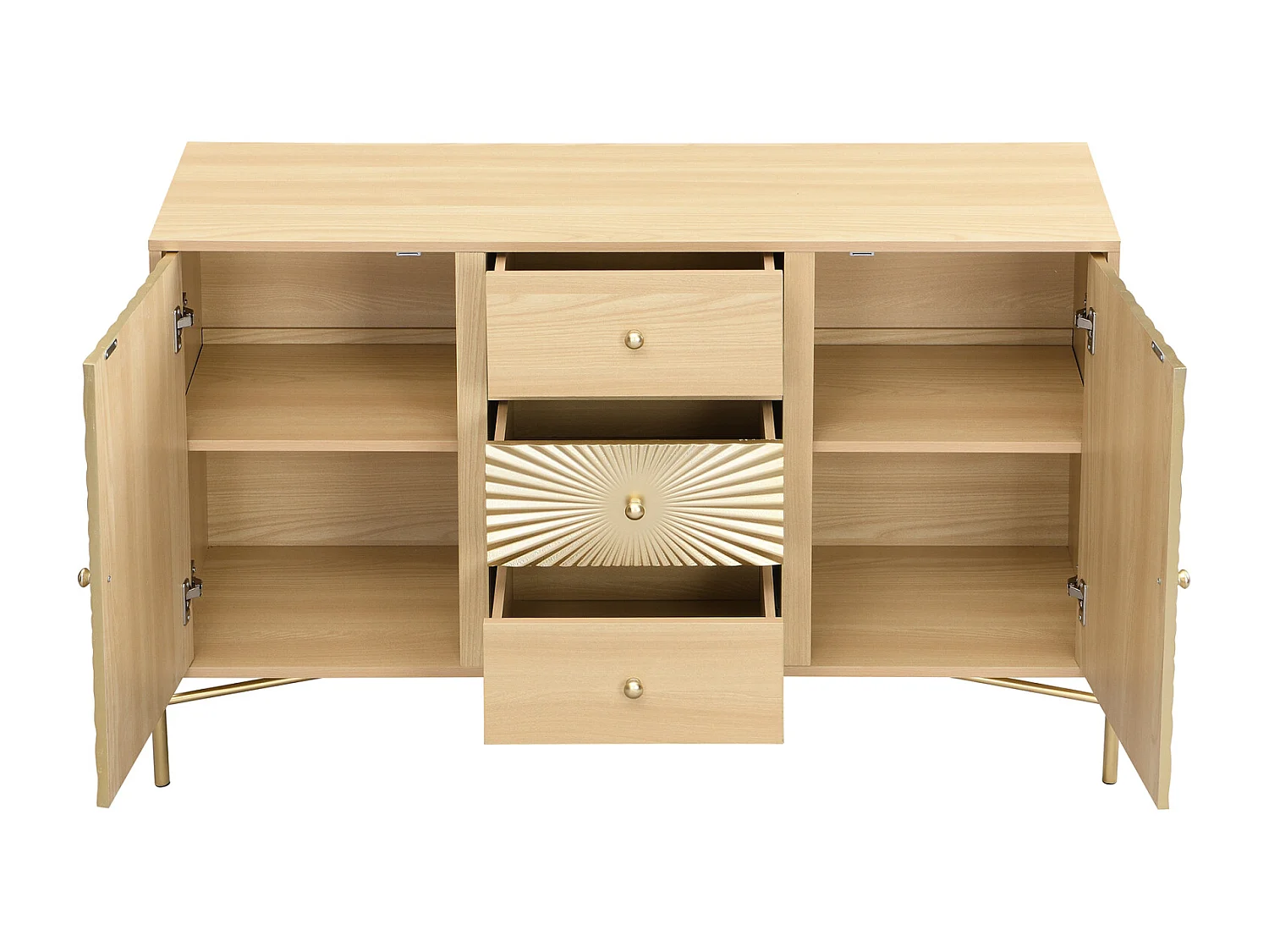 Buffet, couleur bois, longueur 123,5 cm, armoire à deux portes avec 3 tiroirs, design unique en forme de soleil
