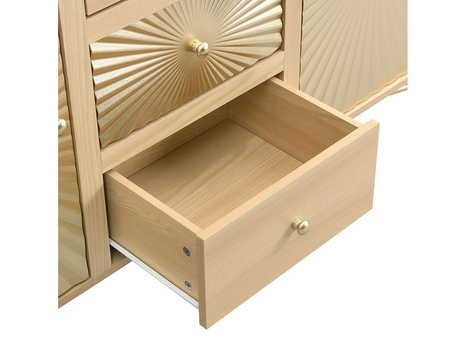 Buffet, couleur bois, longueur 123,5 cm, armoire à deux portes avec 3 tiroirs, design unique en forme de soleil