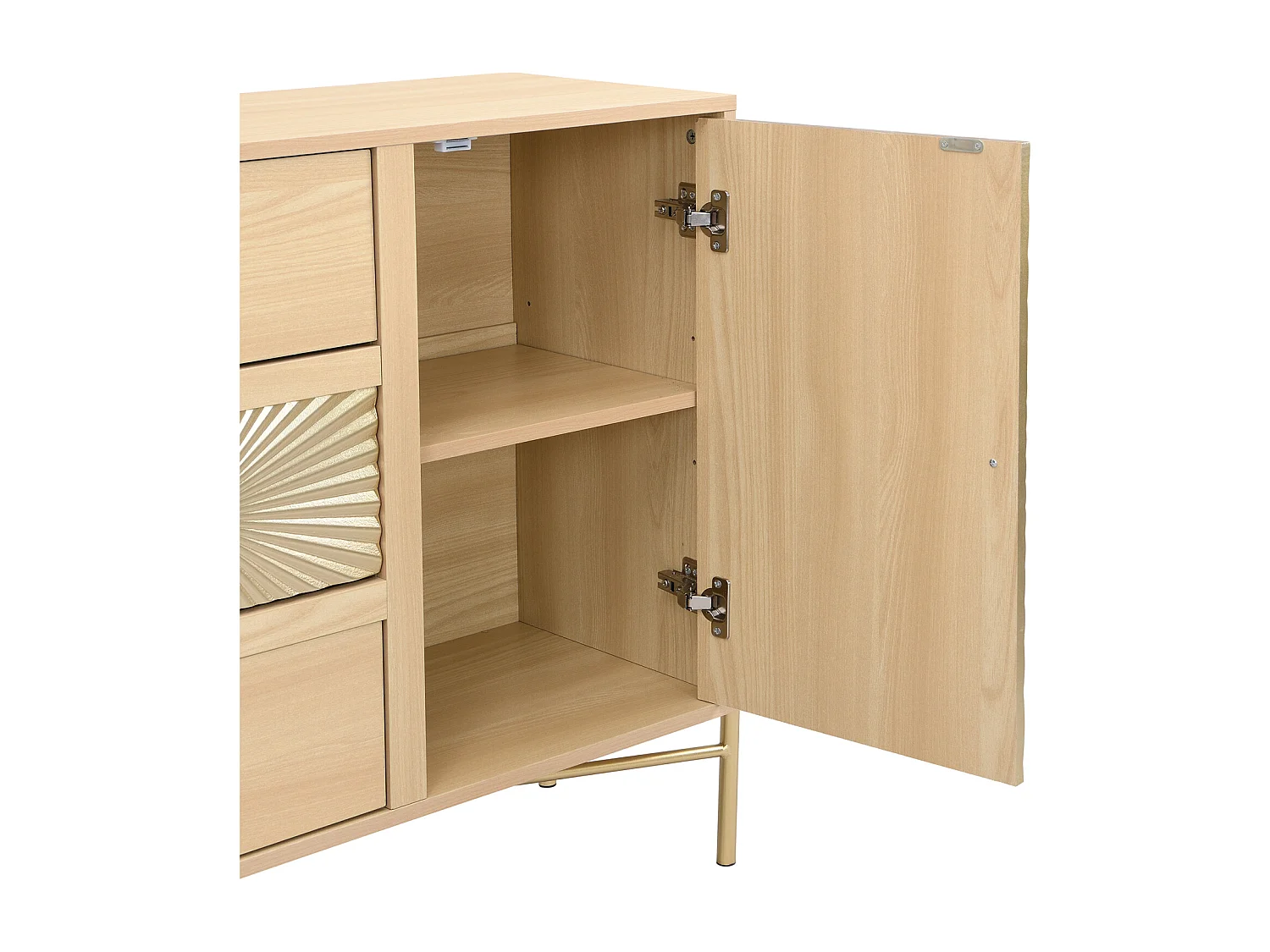 Buffet, couleur bois, longueur 123,5 cm, armoire à deux portes avec 3 tiroirs, design unique en forme de soleil